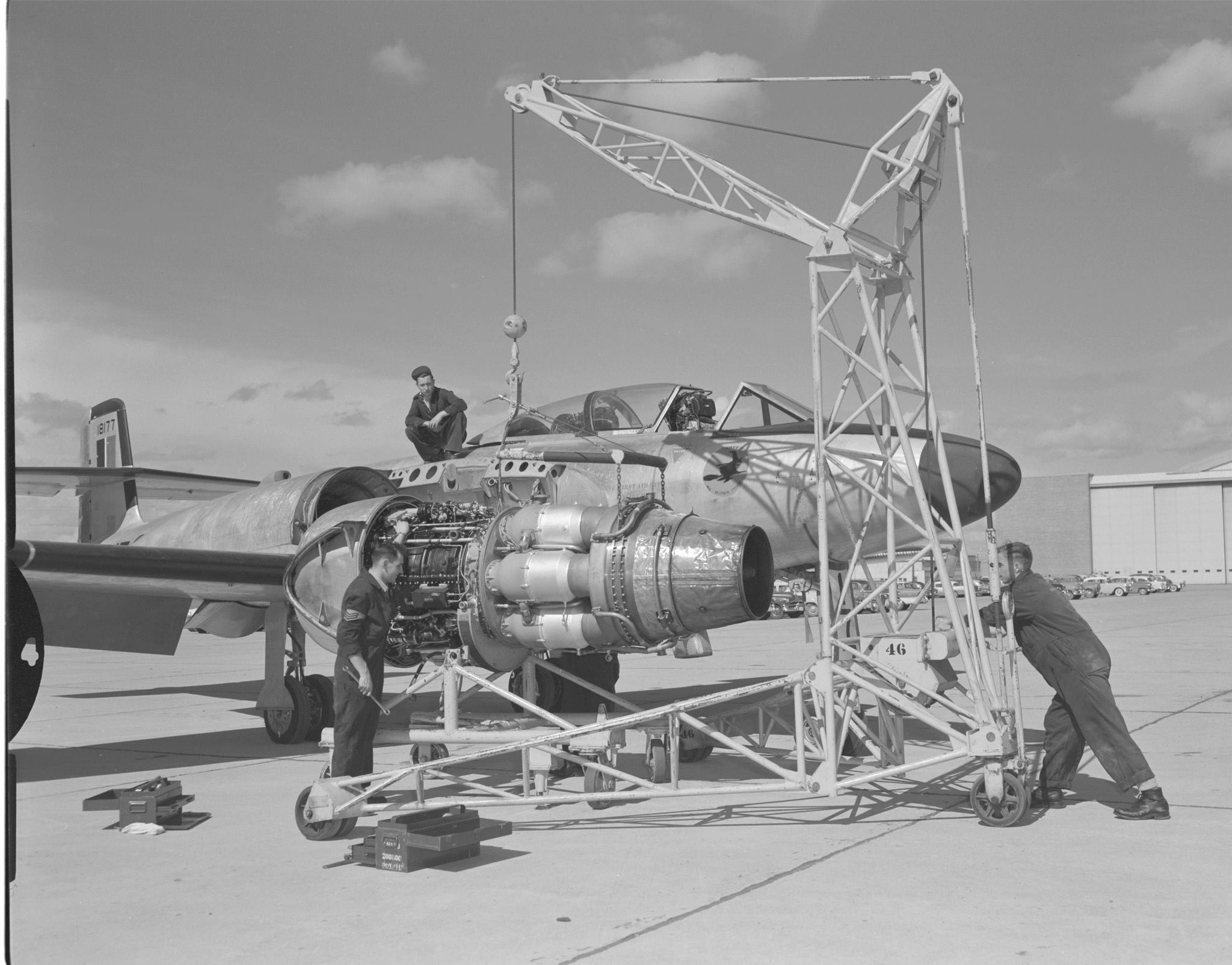 CF-100 Canuck is test flown at Malton Ontario. In this undated photo an Orenda engine is being installed in a Canuck.